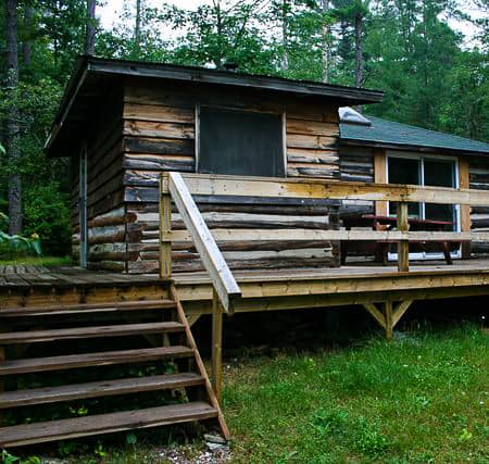 fishing cabin on norcan lake showing deck and staircase